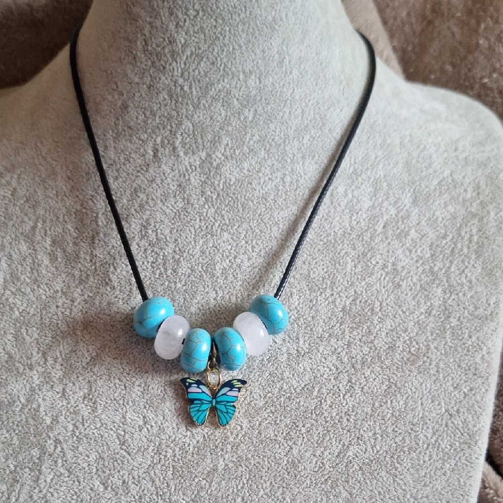 Blue and Pin Butterfly Pendant Necklace